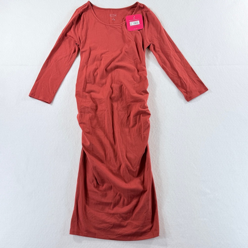 Isabel‎ Maternity Bodycon Dress Womens XS Coral Ruched Side Long Sleeve Boho